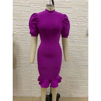 Black Purple Short Sleeve Ruffles Rayon Bandage Dress Elegant Club Party 